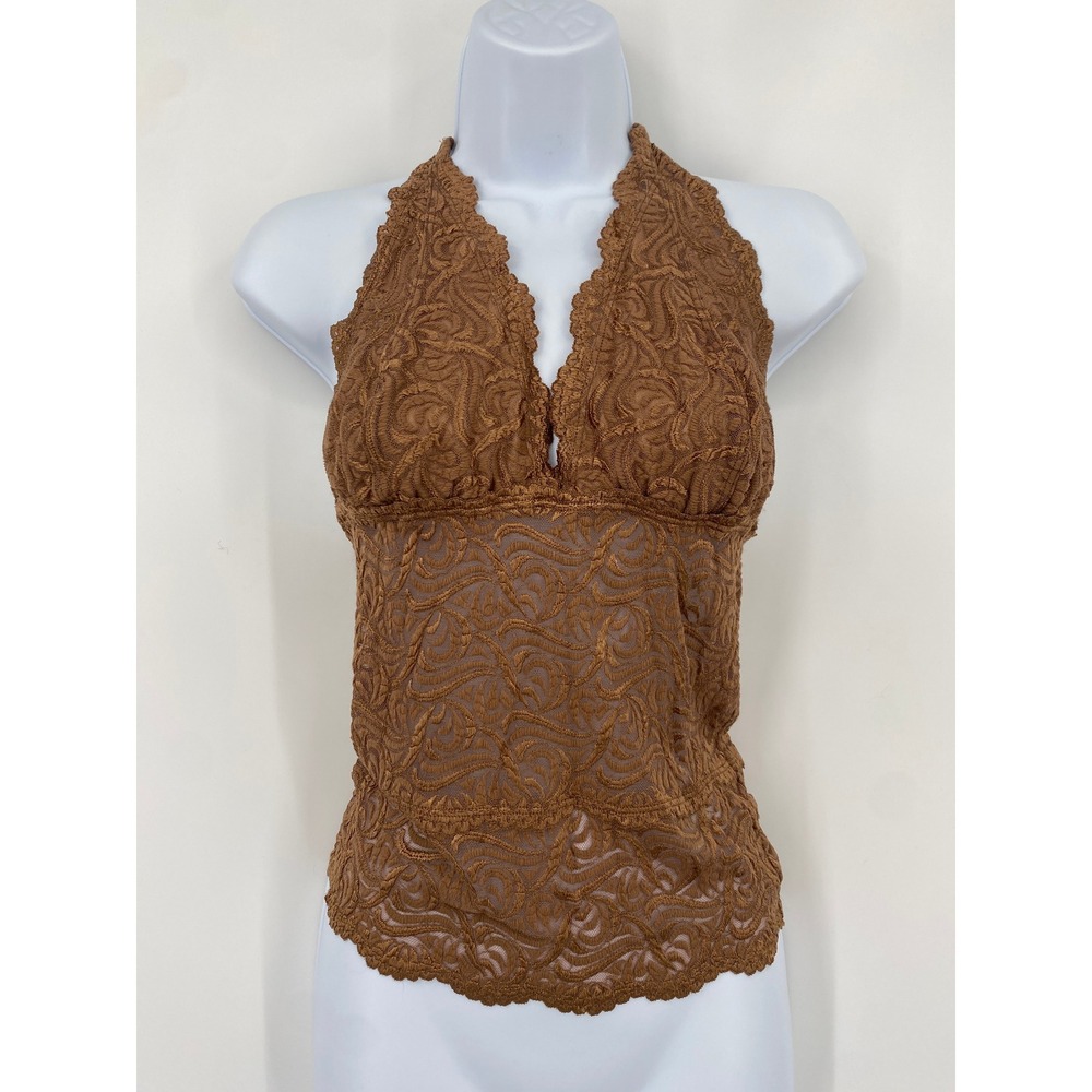 Bebe Halter Top Womens Medium Brown Vintage Y2K Lace Sheer Backless